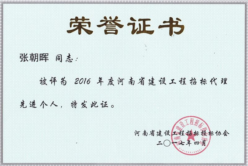 张朝晖2016年度河南省建设工程招标代理先进个人
