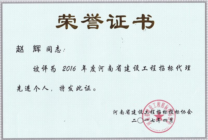 赵辉2016年度河南省建设工程招标代理先进个人