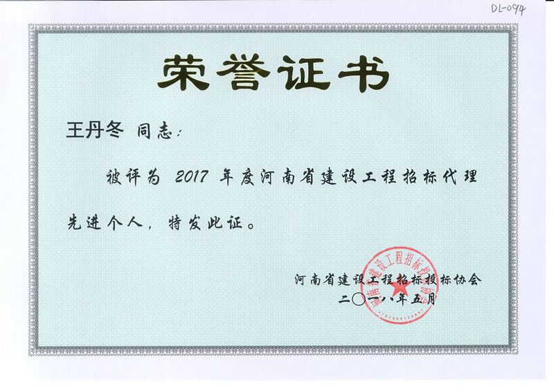 王丹冬2017年度河南省建设工程招标代理先进个人